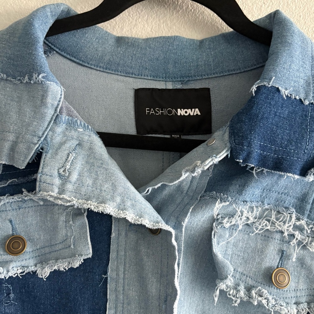 Fashion Nova Denim Patchwork Cropped Jacket (1X) - Picture 2 of 6